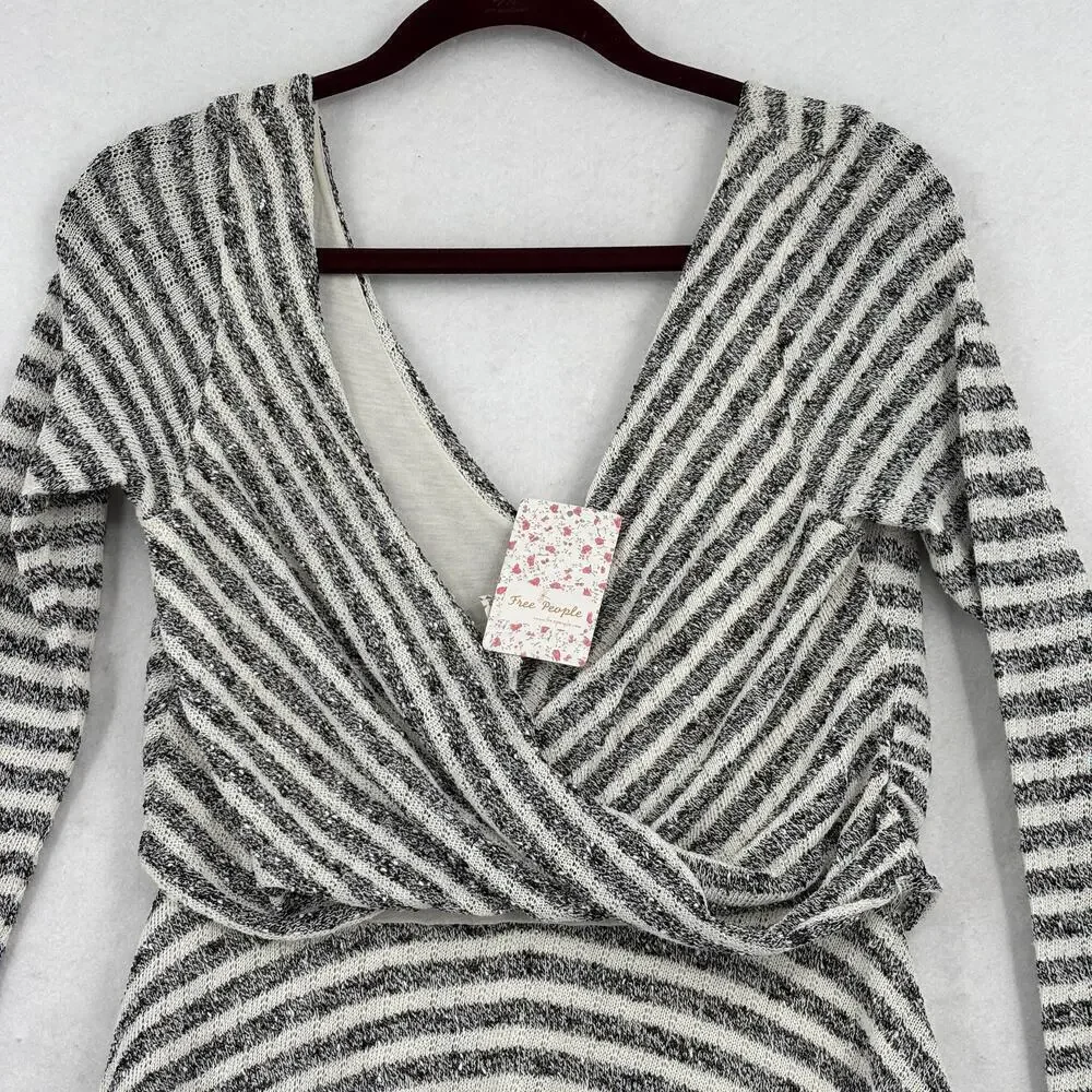 Free People Maverick Surplice Mini Dress Size‎ M Black Cream Striped Low V Neck